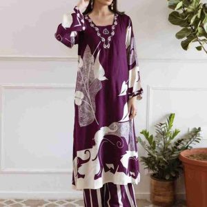 Burgundy & white Color Printed Kurta with Pant
