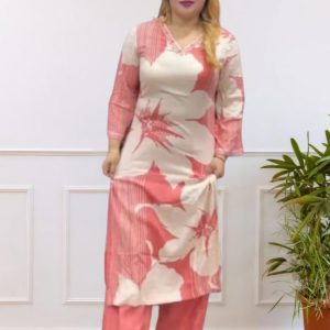 pink & white Color Printed Kurta with Pant